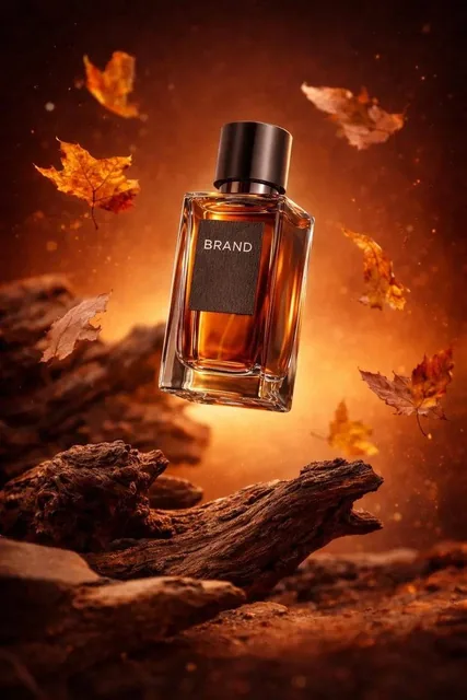 Ultra-realistic luxury perfume product shot (9: 16, 4K). A clear rectangular glass perfume bottle with warm amber liquid