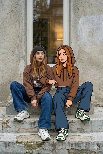 Transform the uploaded image into an ultra-high-resolution mixed-reality street portrait. A young woman (same face as th