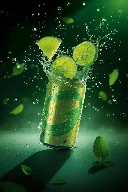 A hyper-realistic commercial product shot of a refreshing lime soda can exploding with energy in mid-air. A vibrant gree