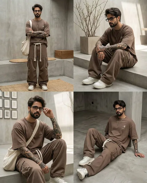 Transform this image [UPLOAD YOU'RE IMAGE] into a 64K DSLR shot resolution of A four-panel fashion collage featuring the