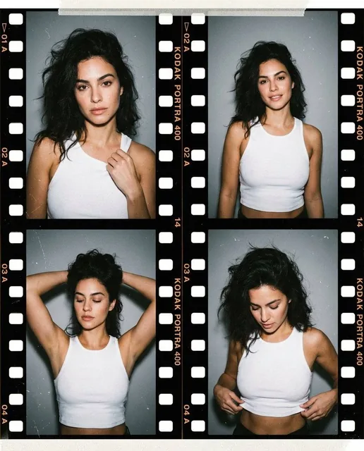 A photorealistic editorial-style portrait composed as a four-frame grid, resembling a contact sheet from a film photosho