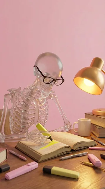 Create a high-quality stylized 3D render of a clear, translucent glass skeleton wearing black-rimmed glasses sitting at