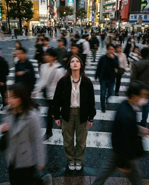Cinematic street photography capturing a moment in motion with a crowd blur effect. Overhead portrait of me standing sti