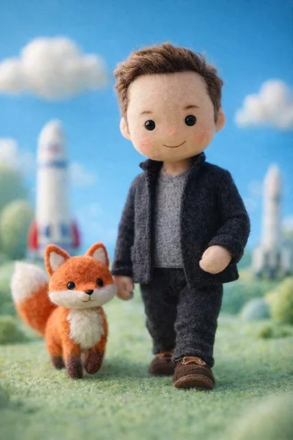 A handcrafted felt miniature illustration of [Celebrity] reimagined as a soft wool doll character. The figure has simpli