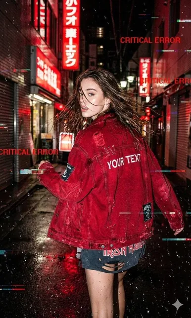 A raw, candid street-style shot of reference running through a rain-soaked Neo-Tokyo alleyway, glancing over her shoulde