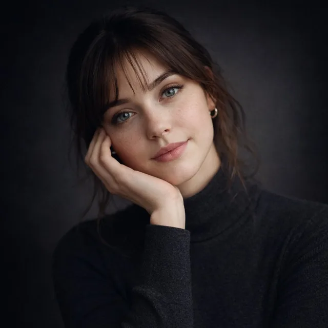Ultra-realistic studio portrait of a young woman, front-facing, centered composition, symmetrical face, pale skin with s