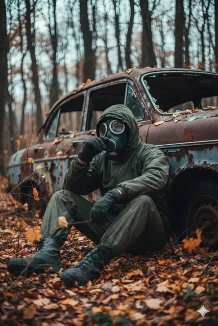 A cinematic, ultra realistic post apocalyptic scene of a lone survivor sitting on the forest ground, leaning against an