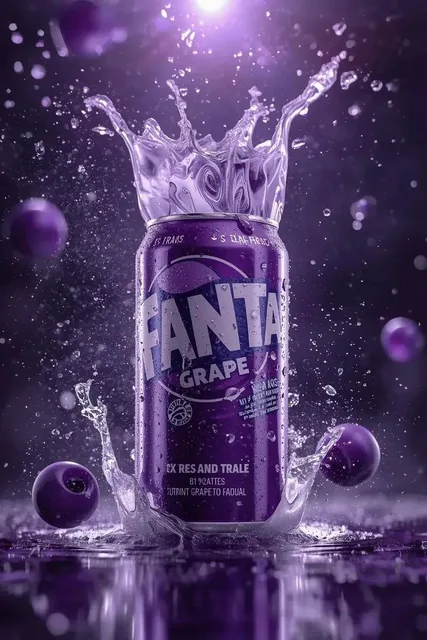 Motion settles into a striking hero shot: can centered, purple liquid frozen in sculptural form, berries suspended mid-a