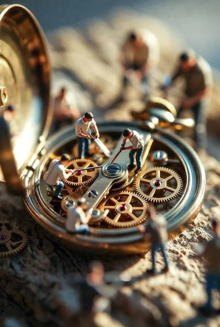 Ultra-realistic macro scene depicting tiny restoration workers collaboratively repairing an antique pocket watch. Severa