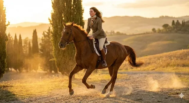 24-year-old female equestrian model riding a galloping chestnut horse, Hermès-inspired preppy fashion, dynamic movement