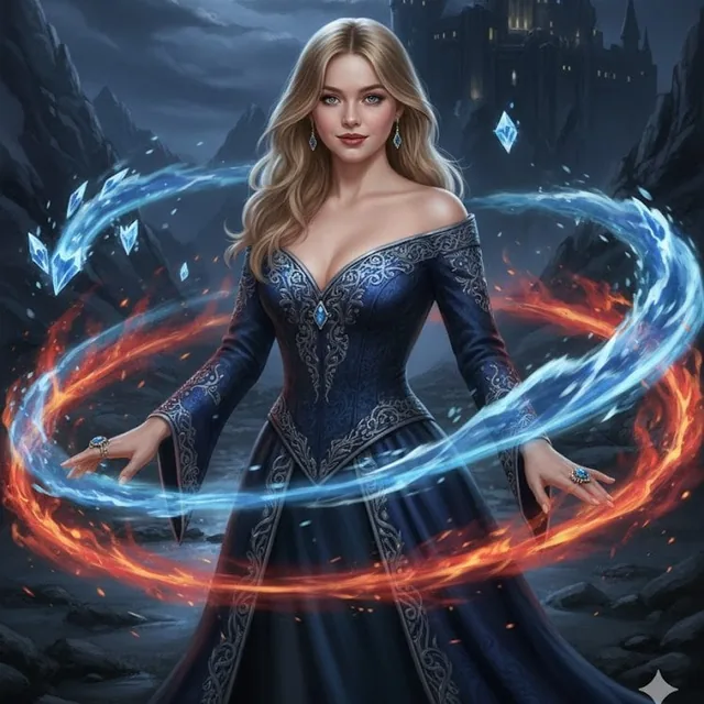 Please use the female user's reference photo to apply all of her facial features. A female wizard stands poised in a mag