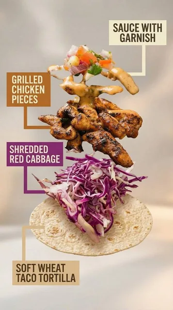 A high-end commercial food photograph of the same two tacos from the reference image, preserving their exact structure,