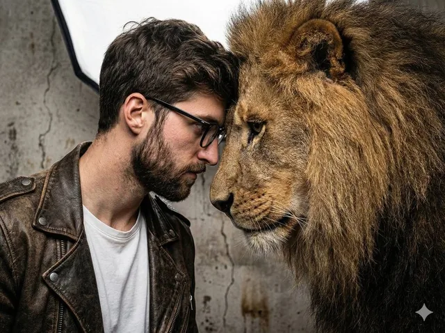 A gritty, intense portrait of a man, a friend of real lion, captured in a raw, hyper-realistic style. The background is