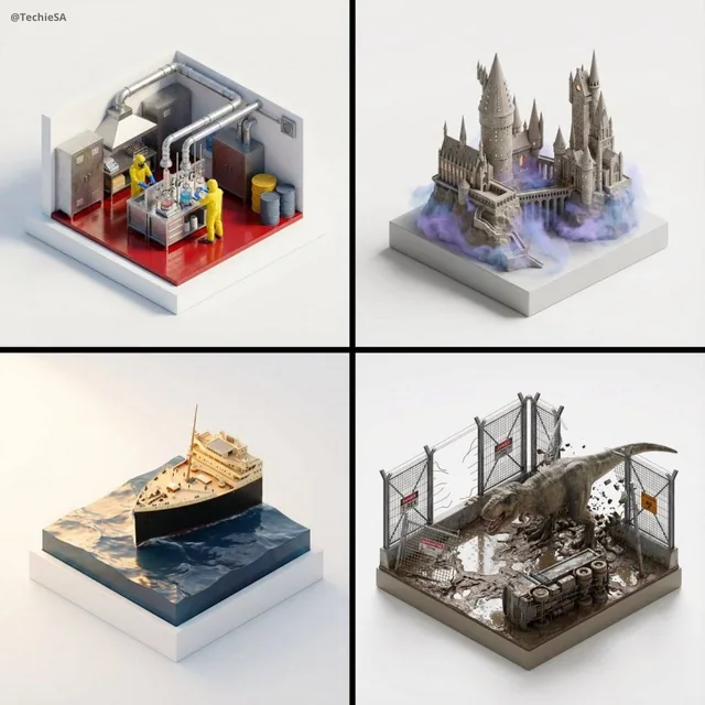 Stylized, ultra high-fidelity 3D isometric miniature diorama, 35–40° isometric view, palm-sized collectible scale, ultra