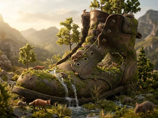 A colossal [OBJECT] reimagined as a complete natural biome. Tiny [WILDLIFE] has evolved to inhabit every niche the objec