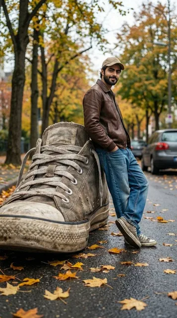 A cinematic forced-perspective street photography scene where a giant worn-out sneaker appears enormous in the foregroun