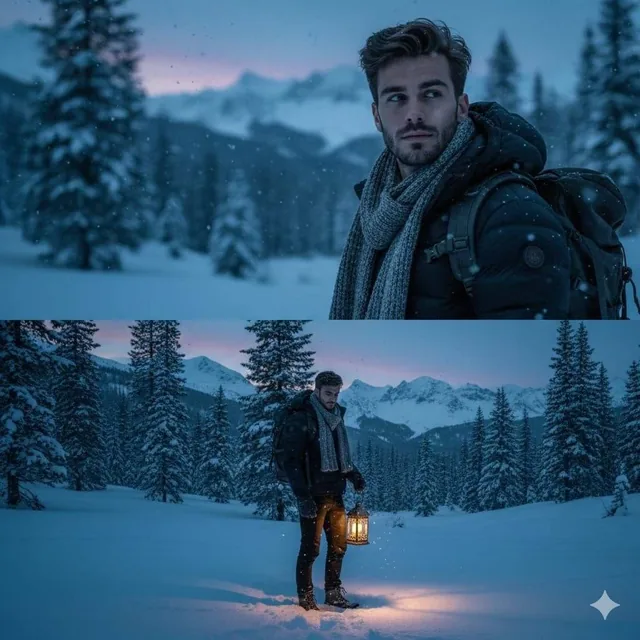 A cinematic winter portrait of a handsome man standing in a snowy pine forest at blue hour, wearing a dark padded jacket