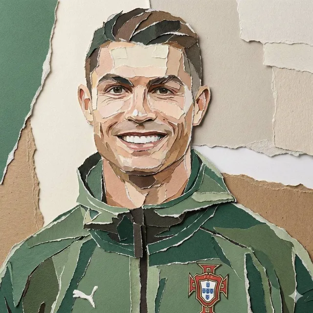 Create a realistic torn paper collage portrait of the subject, constructed entirely from layered pieces of colored paper