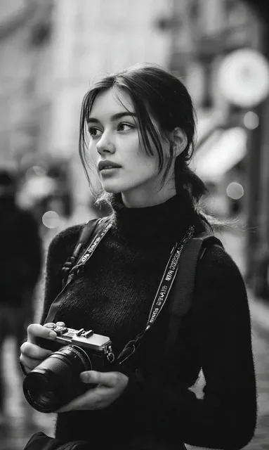 A cinematic black-and-white street portrait of a young woman photographer standing in a city street, holding a mirrorles