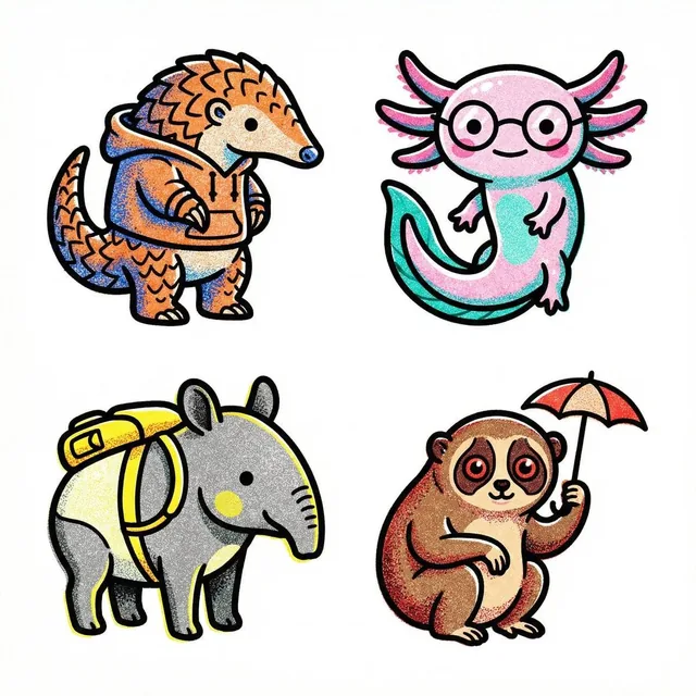 Create a collection of icons representing [a theme], they belong together as a single theme. Put them in a 2x2 grid (no