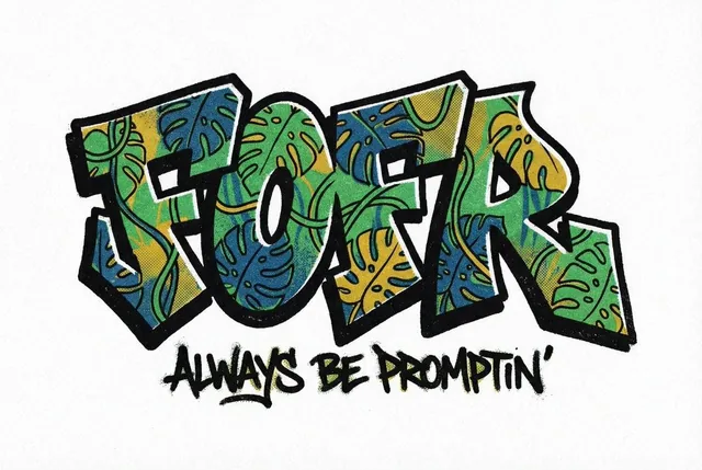 The word fofr as aggressive hard-edge graffiti with a monstera leaf motif, beautifully stylised. The background is pure