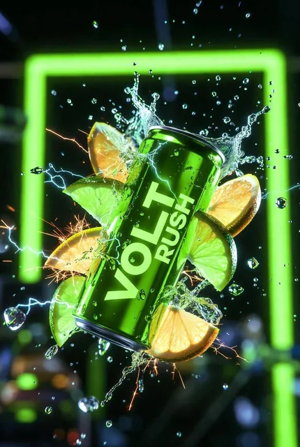 Ultra-cinematic product photography of a neon-green energy drink can labeled “VOLT RUSH”, tilted at a sharp diagonal, bu
