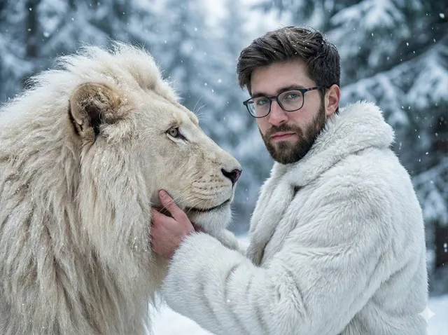 A cinematic ultra-realistic portrait of a man standing face-to-face with a majestic white lion in a snowy forest. The ma