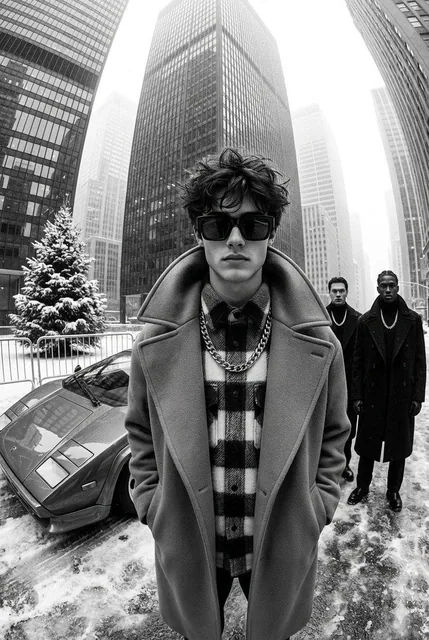 A black-and-white, high-contrast, ultra-glamorous street fashion editorial photograph taken with an ultra-wide-angle len