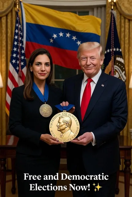 Cinematic, ultra-realistic scene depicting Venezuelan opposition leader María Corina Machado presenting her Nobel Peace