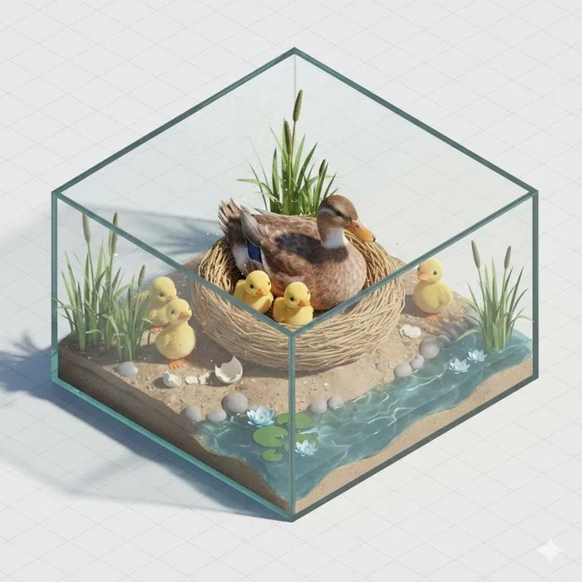 Isometric miniature nature diorama showing a mother [PARROT] feeding newborn chicks in a nest on a tree branch. Leaves f