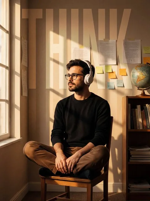 A cinematic portrait of a young man in the uploaded image sitting cross-legged on a simple wooden chair, wearing white o