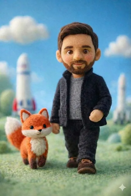 A handcrafted felt miniature scene featuring a soft wool doll character with simplified facial features, round button ey
