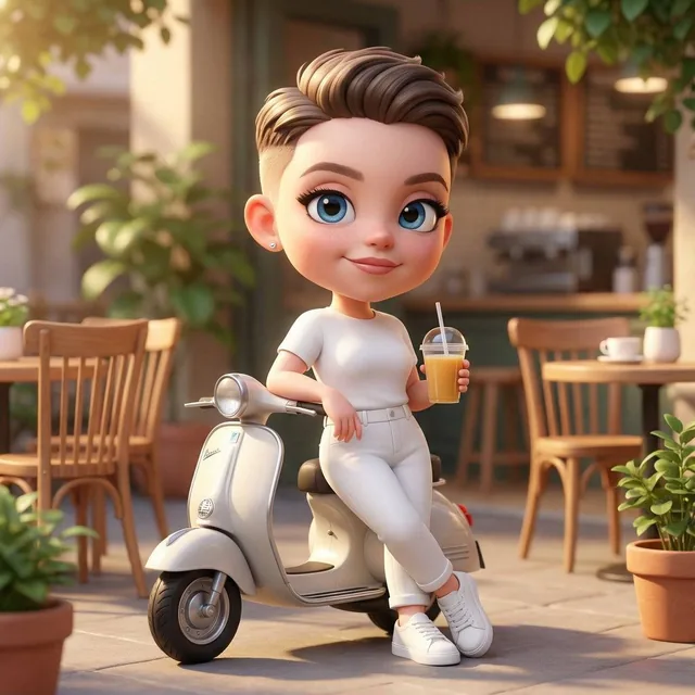 A cute 3D chibi-style character of the uploaded image leaning against a parked mini chibi scooter, wearing a clean monoc
