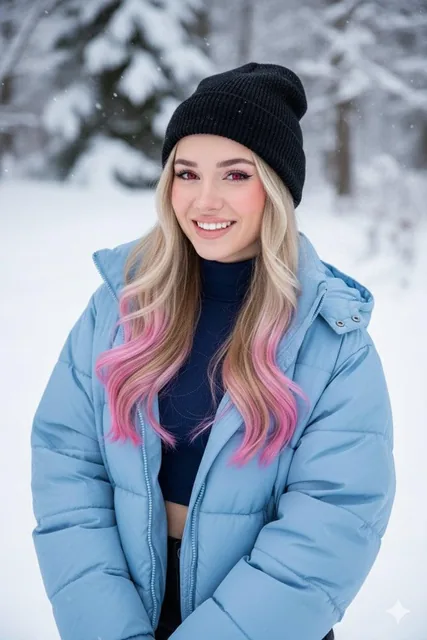 A blonde girl with pink-tipped hair and vibrant red eyes, wearing a black beanie, a navy blue turtleneck crop top, and a