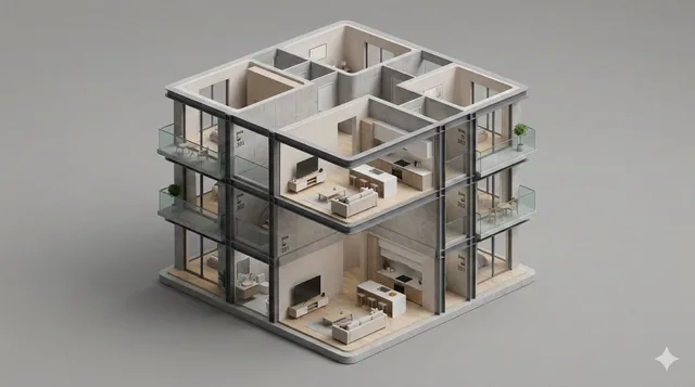 A clean, minimal 3D isometric diorama of a [BUILDING TYPE] section, featuring [INTERIOR / EXTERIOR ELEMENTS] visible in