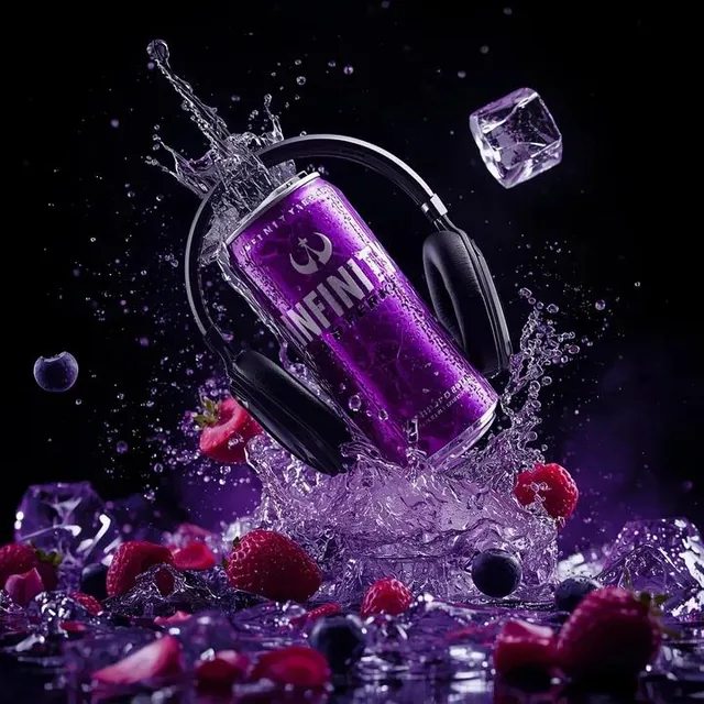 Ultra-cinematic product photography of a purple energy drink can labeled “INFINITY ENERGY DRINK – NIGHT KING” in bold wh