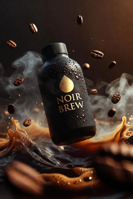 Ultra-cinematic premium coffee bottle labeled “NOIR BREW”, matte black glass with gold typography, floating upright amid