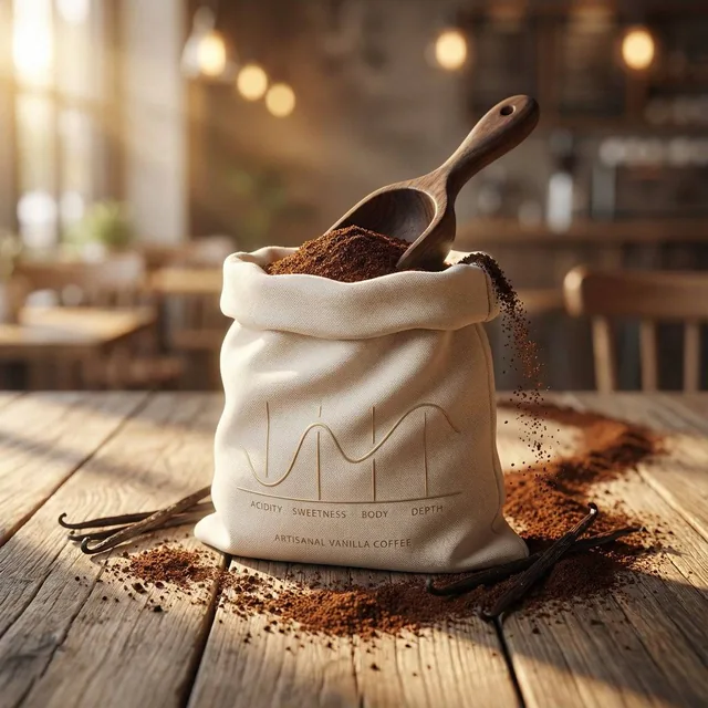 Luxury product photography of artisanal vanilla ground coffee packaged in a soft sculpted ivory pouch with gentle wave c
