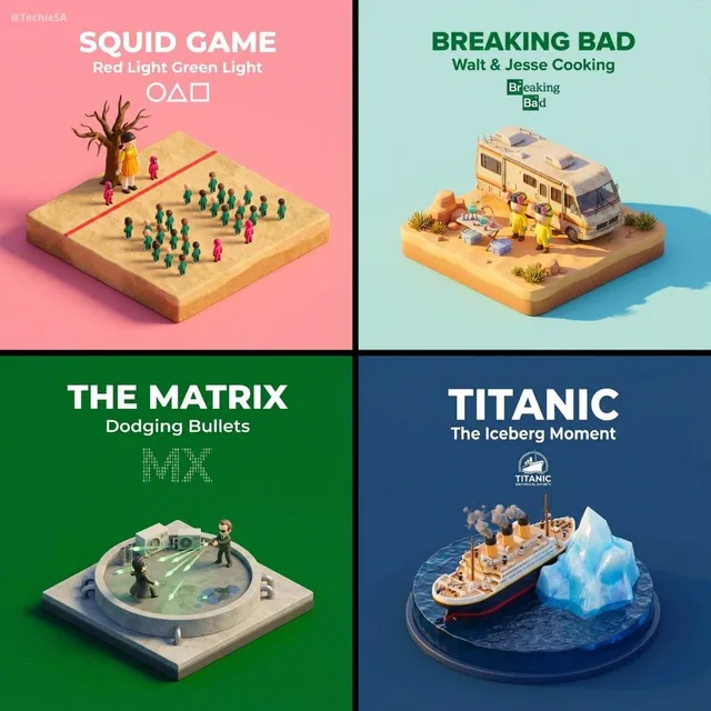 Present a clear, 45° top-down isometric miniature 3D cartoon scene of the iconic scene [SCENE NAME] from [MOVIE/SHOW], w