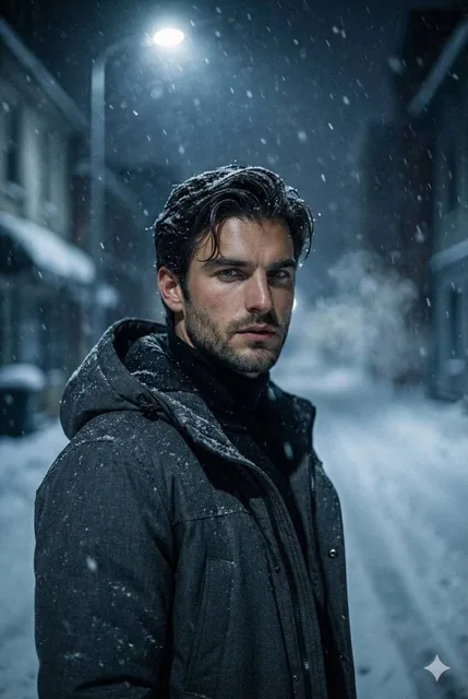 Ultra realistic cinematic portrait of a young man with sharp masculine features and light stubble, snow dusted hair slig