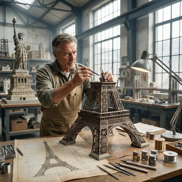 Hyper-realistic cinematic photo of a minimalist architect's hands using tweezers to place a tiny streetlamp on a detailed scale model of the Eiffel Tower in a clean architectural f
