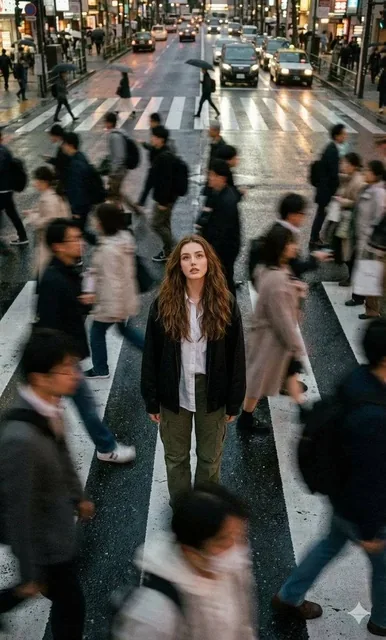 Cinematic street photography capturing a moment in motion with a crowd blur effect. Overhead portrait of me standing sti