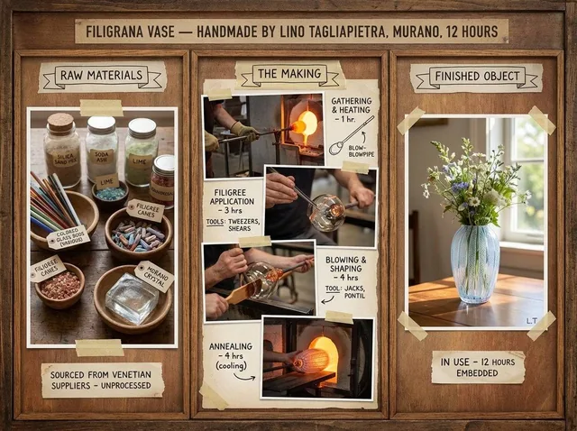 An artisan's method board for [HANDMADE OBJECT] — [TECHNIQUE / TRADITION / ORIGIN]. Left section: raw materials in unpro
