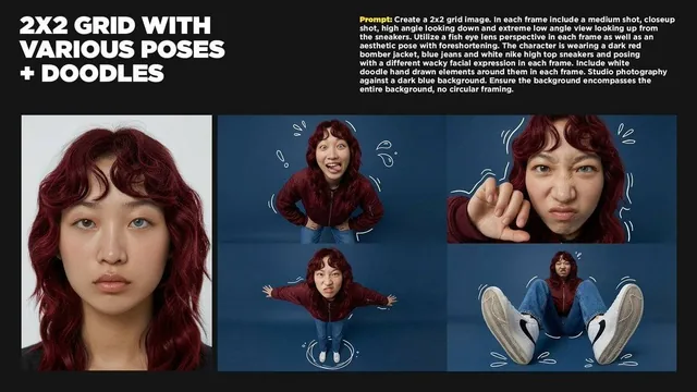 Create a 2x2 grid image. In each frame include a medium shot, closeup shot, high angle looking down and extreme low angl