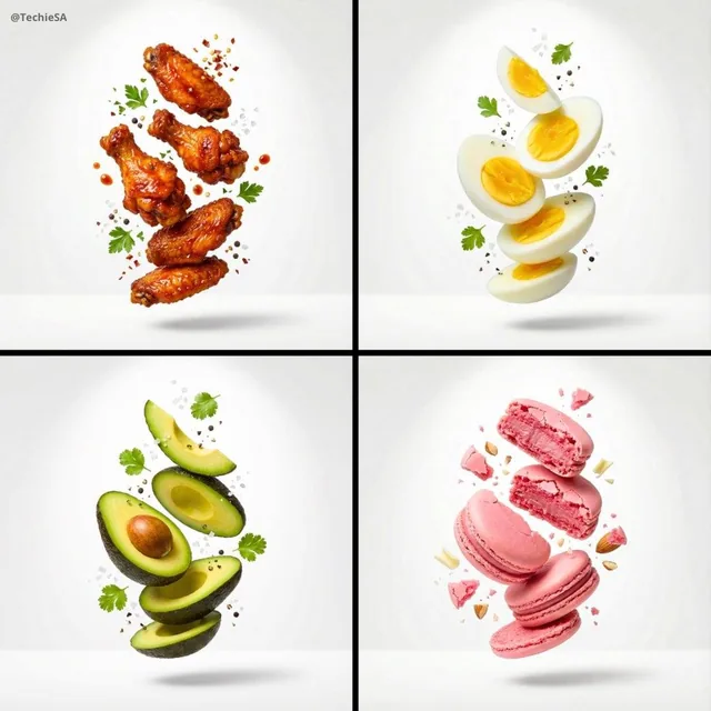 [subject], premium food advertising, white seamless background, high key studio lighting, floating stacked composition,