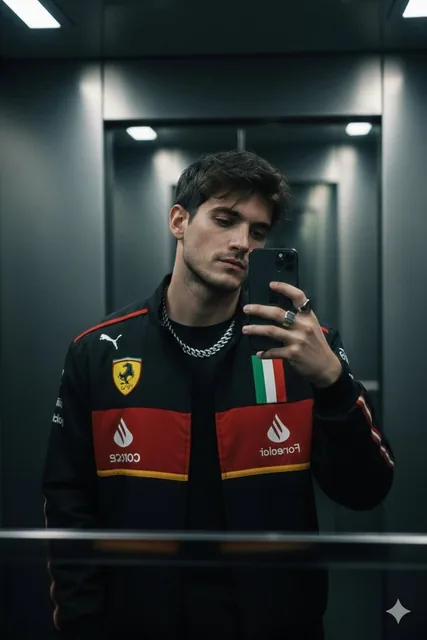 A moody cinematic mirror selfie of a stylish young man use image for face reference with tousled dark hair and light stu