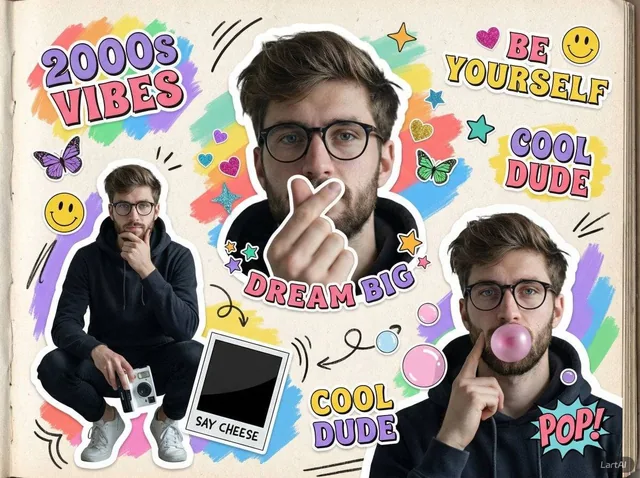 A vibrant 2000s scrapbook-style collage featuring the same young man in multiple cutout poses. One portrait is centered