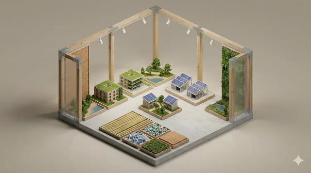 A clean, minimal 3D isometric diorama of a [EXHIBITION TYPE], featuring [DISPLAY OBJECTS] arranged within a [POD STRUCTU