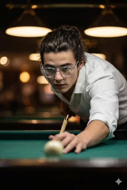 Cinematic ultra-realistic close-up of a man taking a billiards shot, captured in a tense, mid-focus moment as he leans l