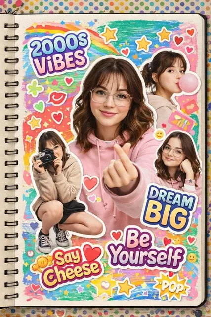 A vibrant 2000s scrapbook-style collage featuring the same young woman in multiple cutout poses. One portrait is centere